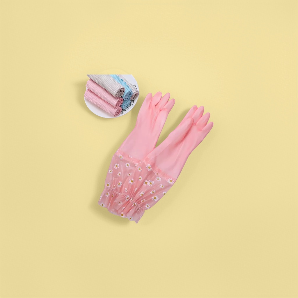 Pink flower-patterned rubber gloves, thickened anti-slip and wear-resistant cleaning gloves for household use
