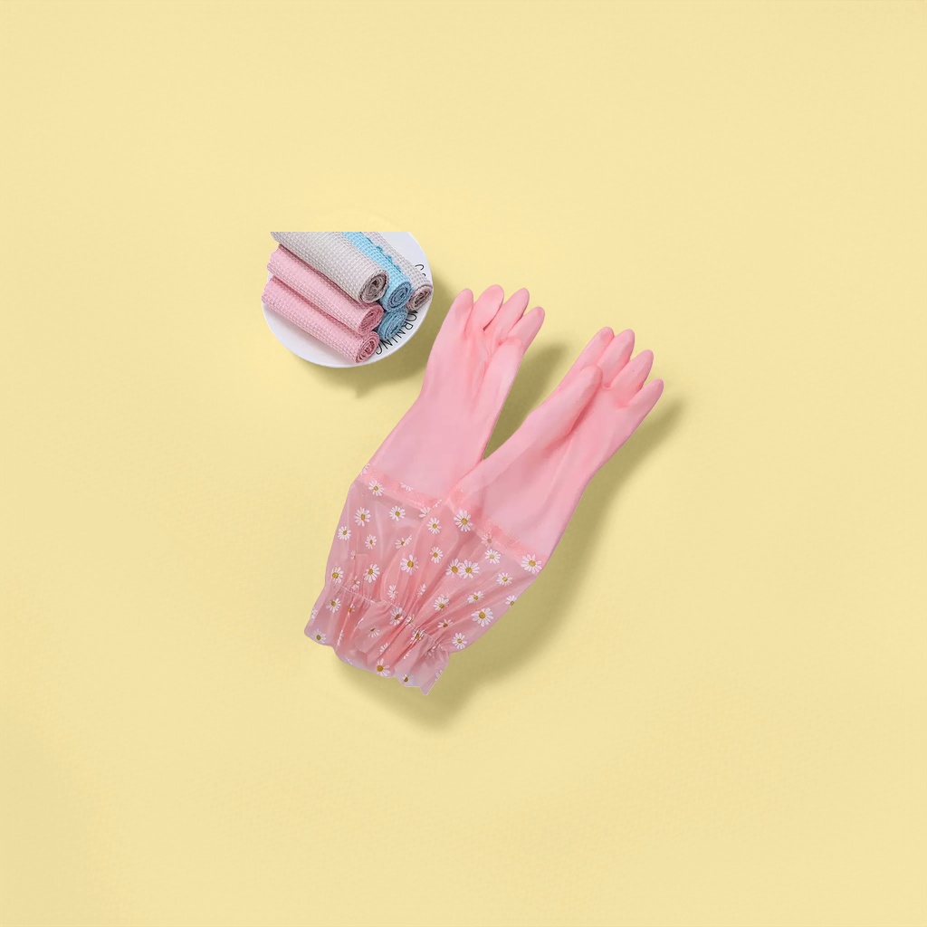 Pink flower-patterned rubber gloves, thickened anti-slip and wear-resistant cleaning gloves for household use details Picture