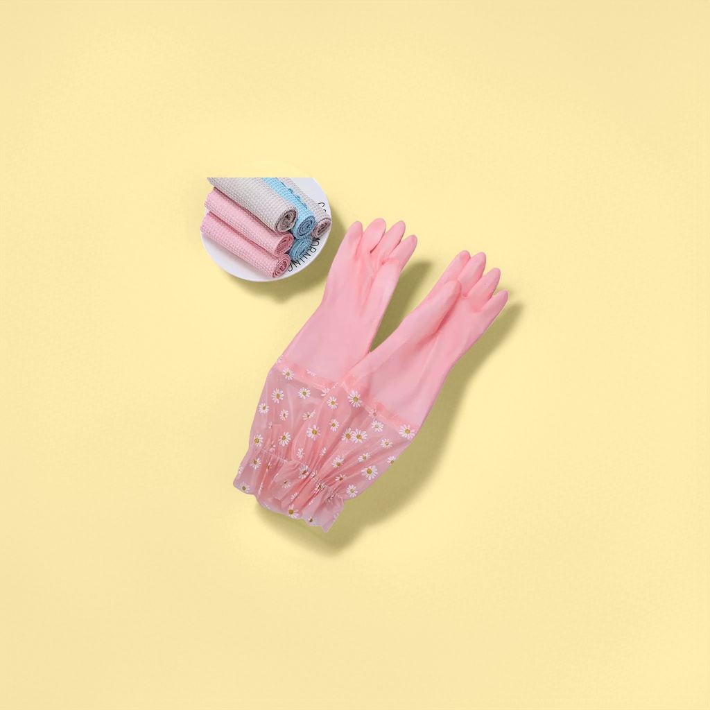 Pink flower-patterned rubber gloves, thickened anti-slip and wear-resistant cleaning gloves for household use Application Scenario