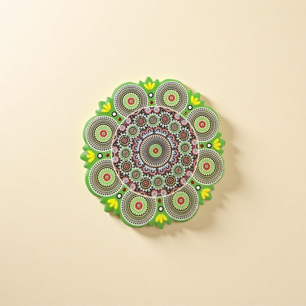 لوحات زيتية ملونة مزخرفة بأطباق على طاولة المائدة مع ثلاجة على ثلاجة Specification image