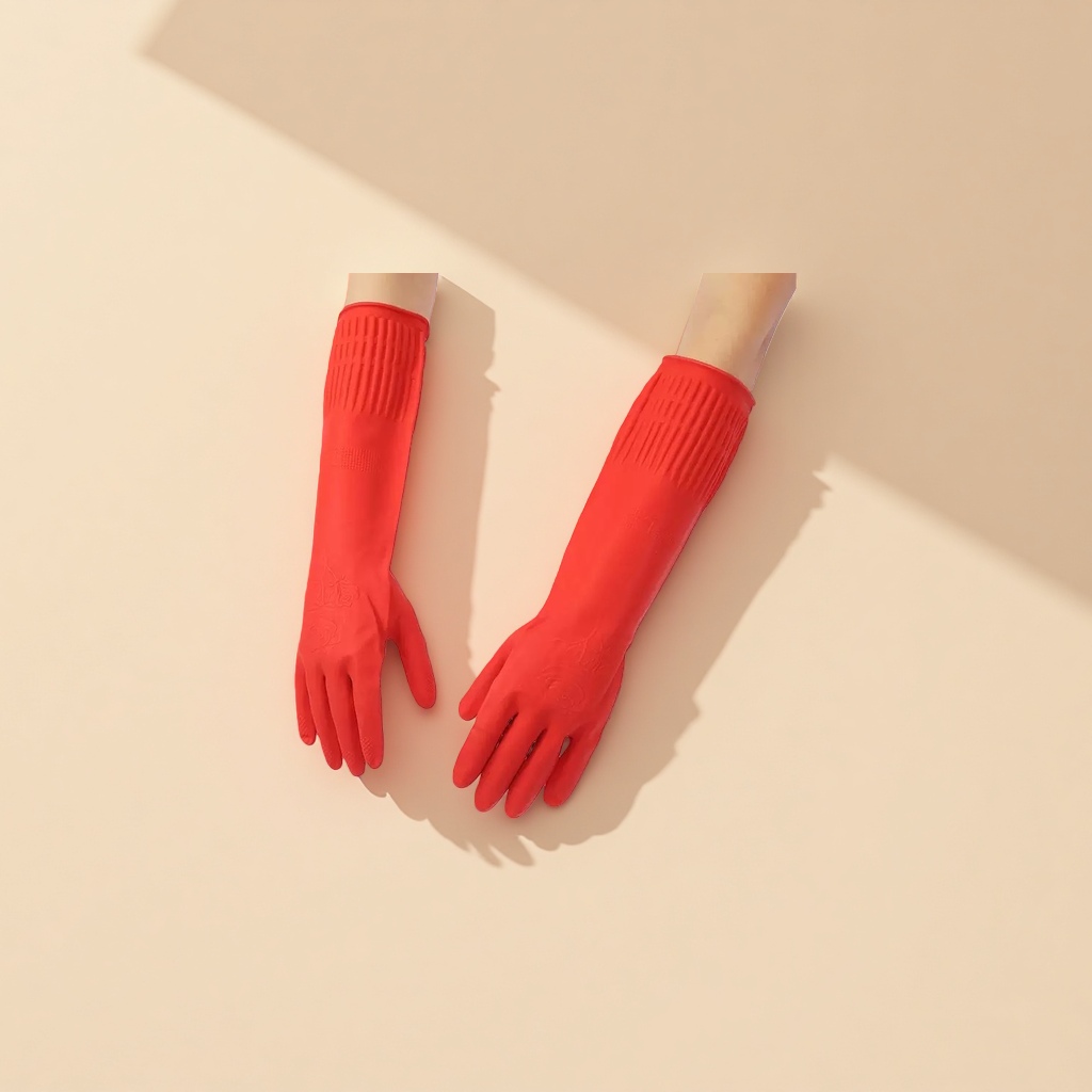 Red rubber gloves, anti-slip, wear-resistant, thickened household cleaning and labor protection gloves details Picture
