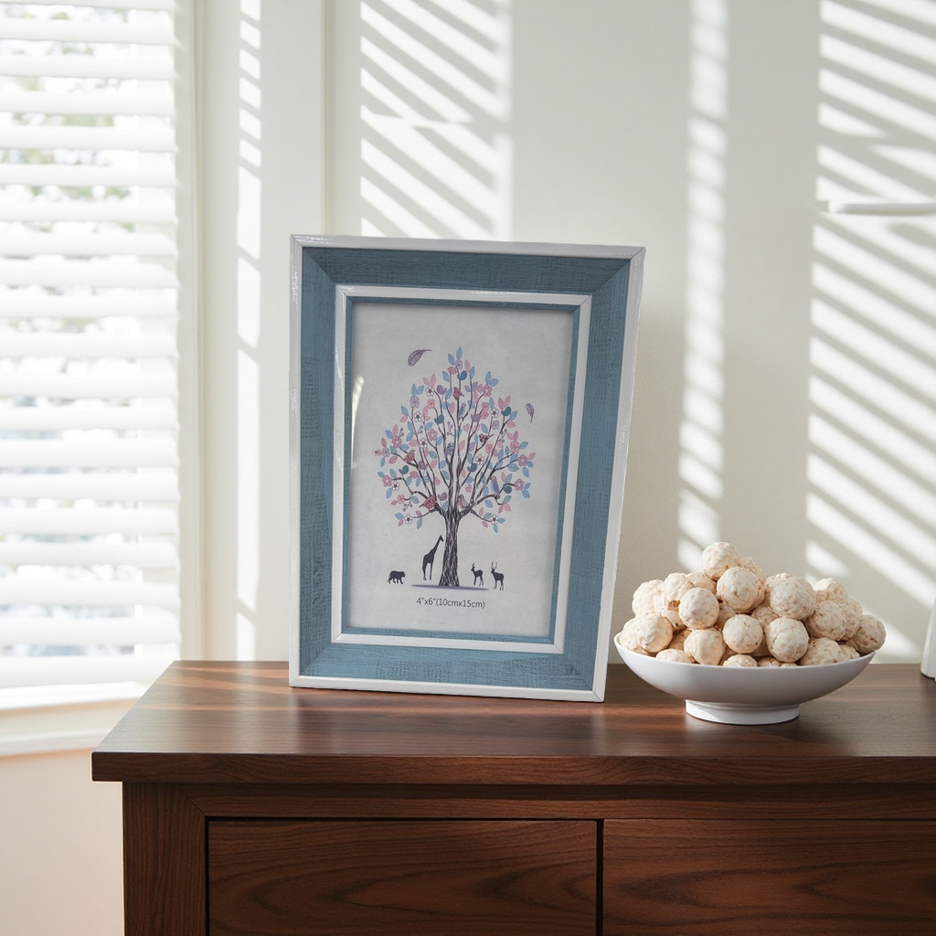 The blue photo frame features decorative paintings of colorful trees and animal patterns, with artistic designs embedded within Application Scenario