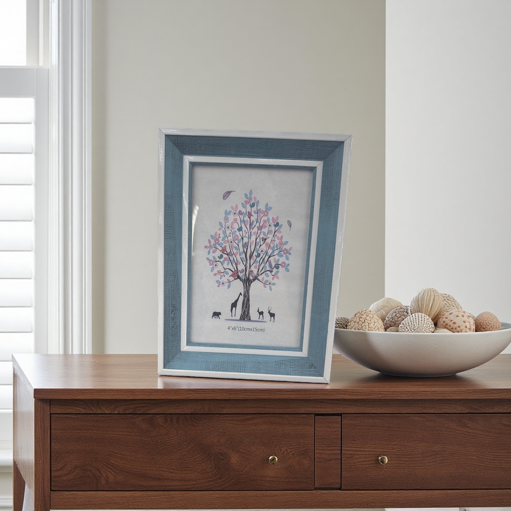 The blue photo frame features decorative paintings of colorful trees and animal patterns, with artistic designs embedded within Specification image