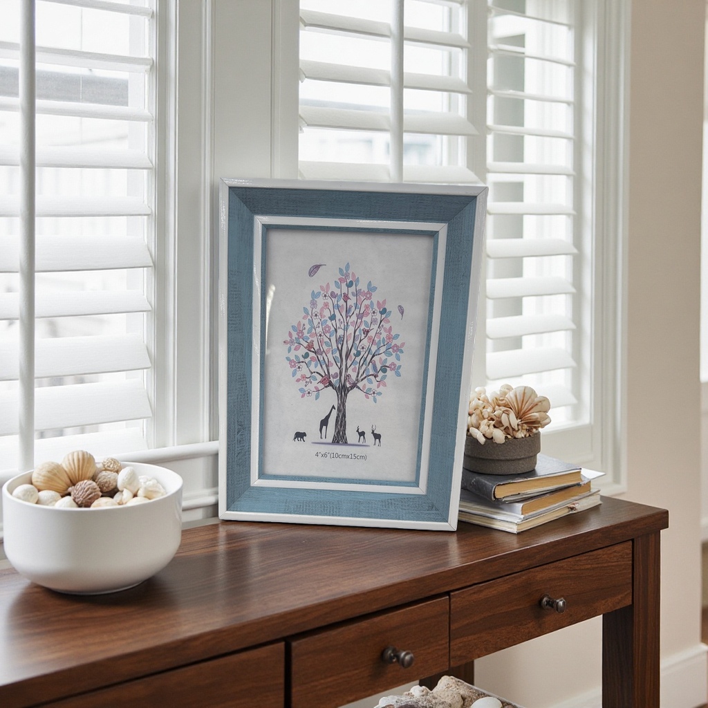 The blue photo frame features decorative paintings of colorful trees and animal patterns, with artistic designs embedded within