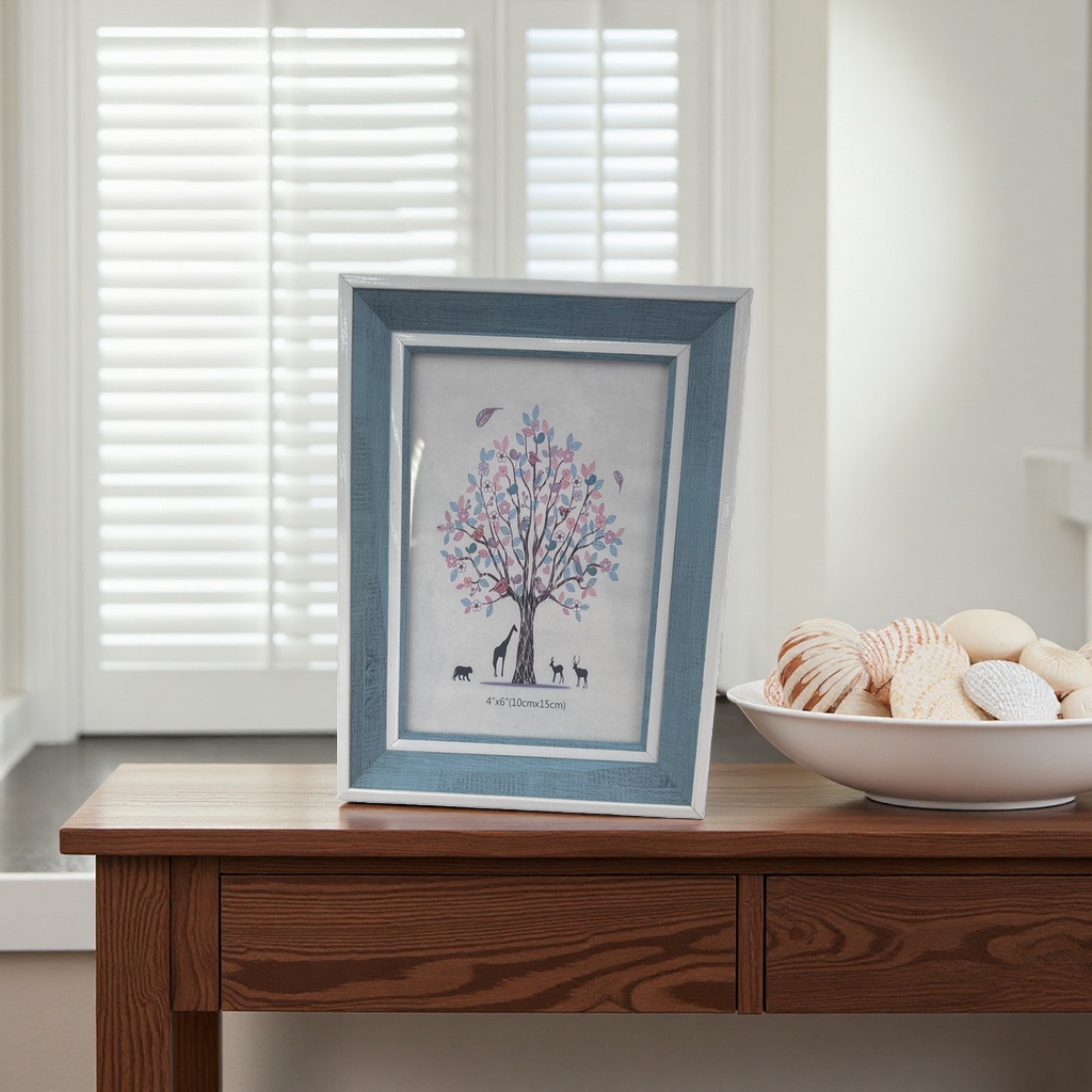 The blue photo frame features decorative paintings of colorful trees and animal patterns, with artistic designs embedded within details Picture