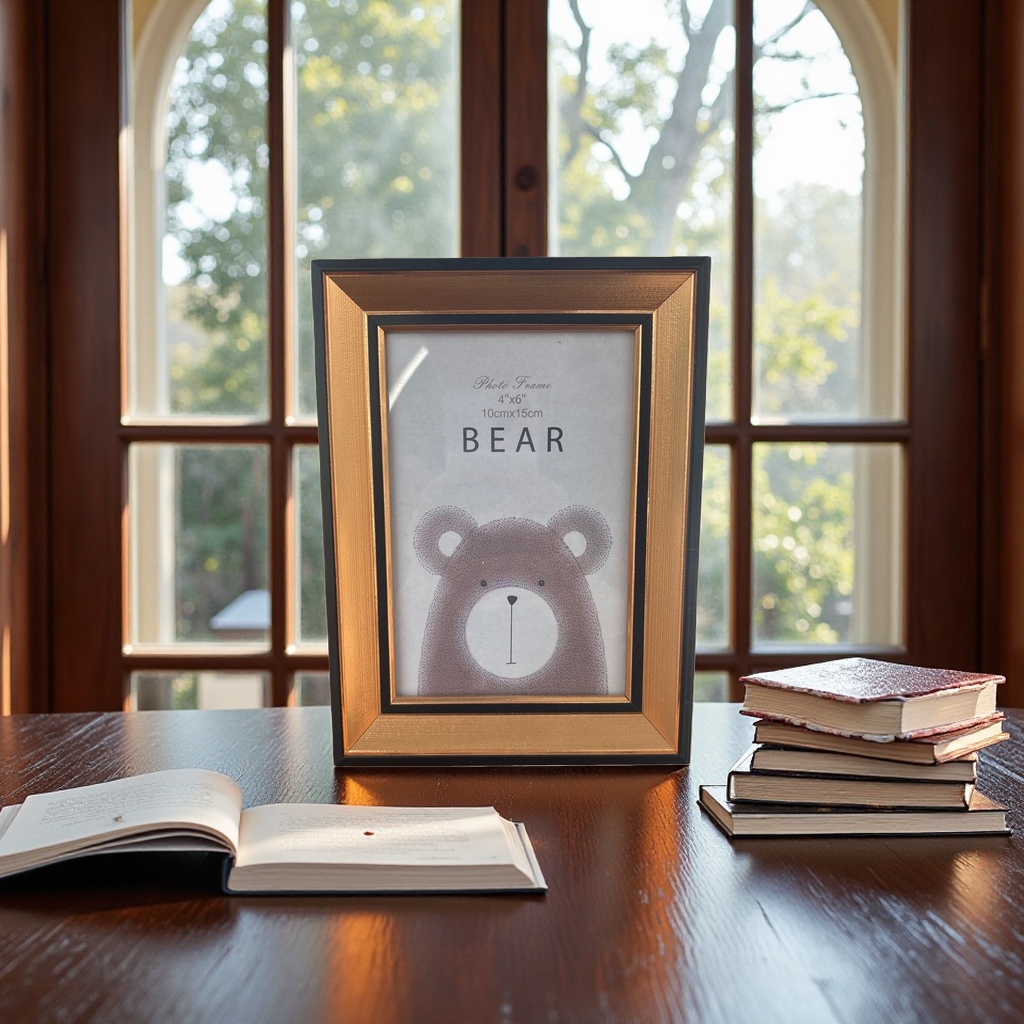 Bear pattern imitation wooden photo frame, photo frame stand, wall hanging, dual use, simple Nordic style
