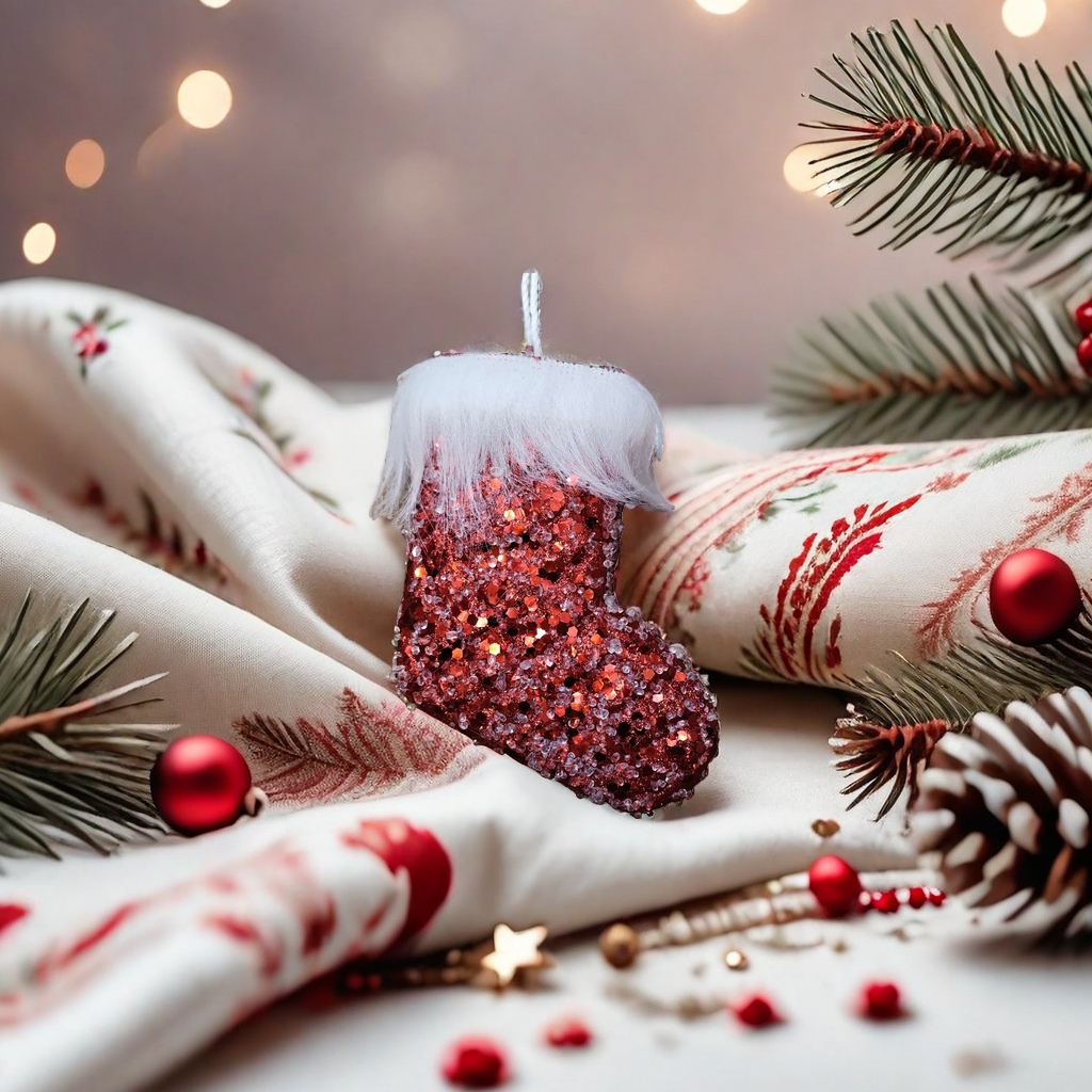 Red sequined Christmas stockings for festive decoration and home atmosphere, plush stockings details Picture