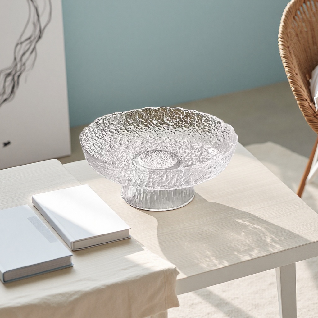 Transparent high-legged fruit platter, the same style as ice dew, a household glass fruit platter for table arrangement and storage