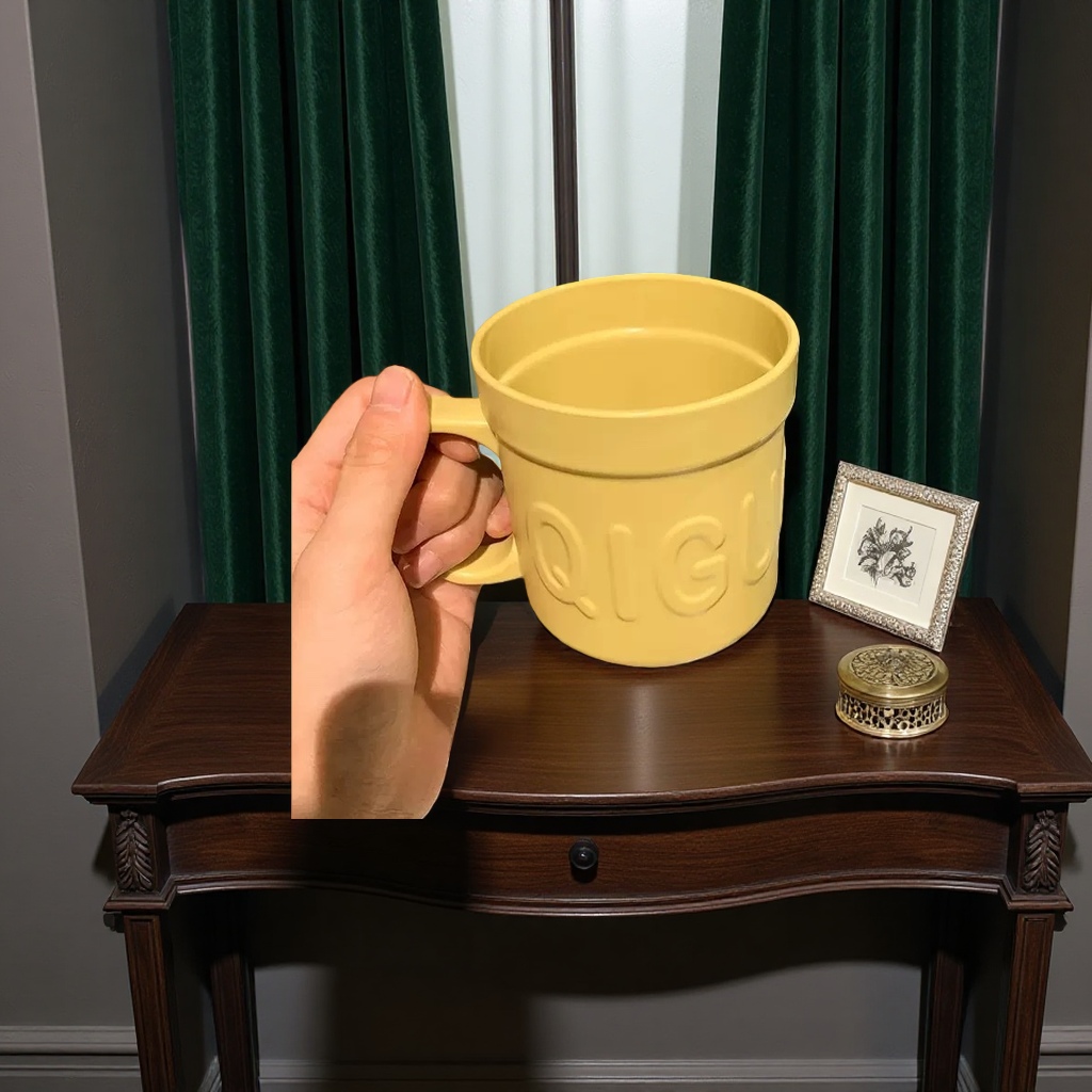 Yellow ceramic cup with underglaze painting technique, 350ml household cup, heat-resistant handle