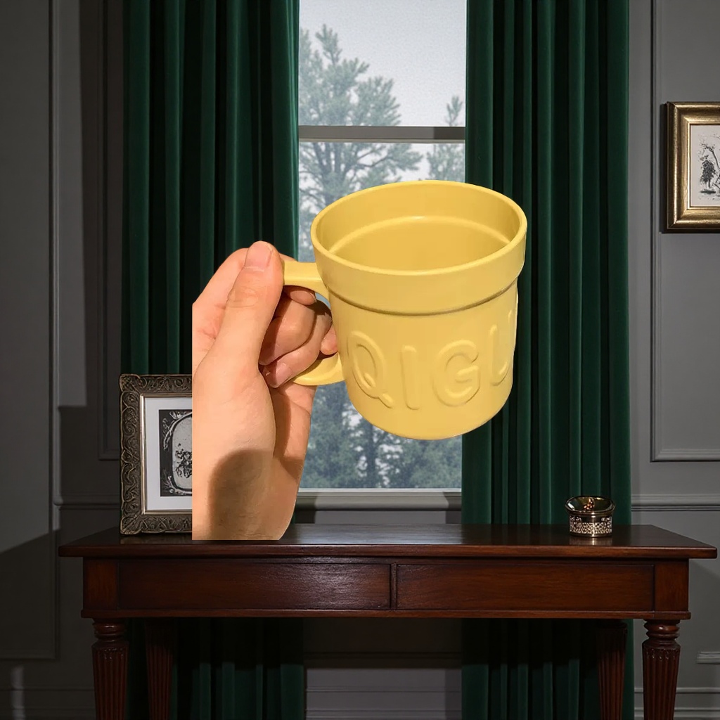Yellow ceramic cup with underglaze painting technique, 350ml household cup, heat-resistant handle Specification image