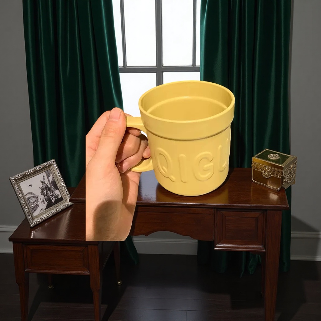 Yellow ceramic cup with underglaze painting technique, 350ml household cup, heat-resistant handle Application Scenario