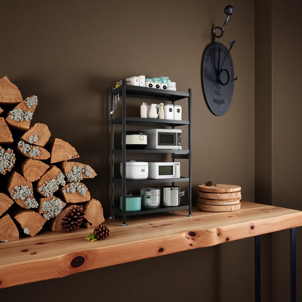 Multi-layer adjustable black metal storage rack for home kitchen and bathroom storage Application Scenario