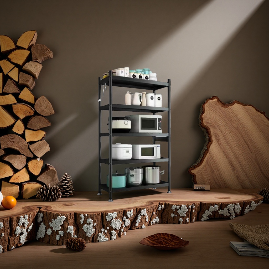 Multi-layer adjustable black metal storage rack for home kitchen and bathroom storage details Picture