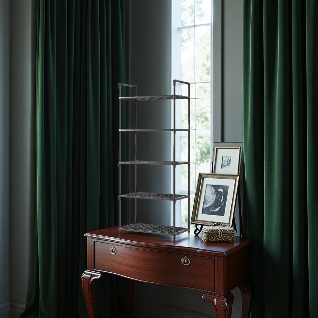 The main body of the black metal storage rack is thickened, with a stable load-bearing and multi-layer storage frame details Picture