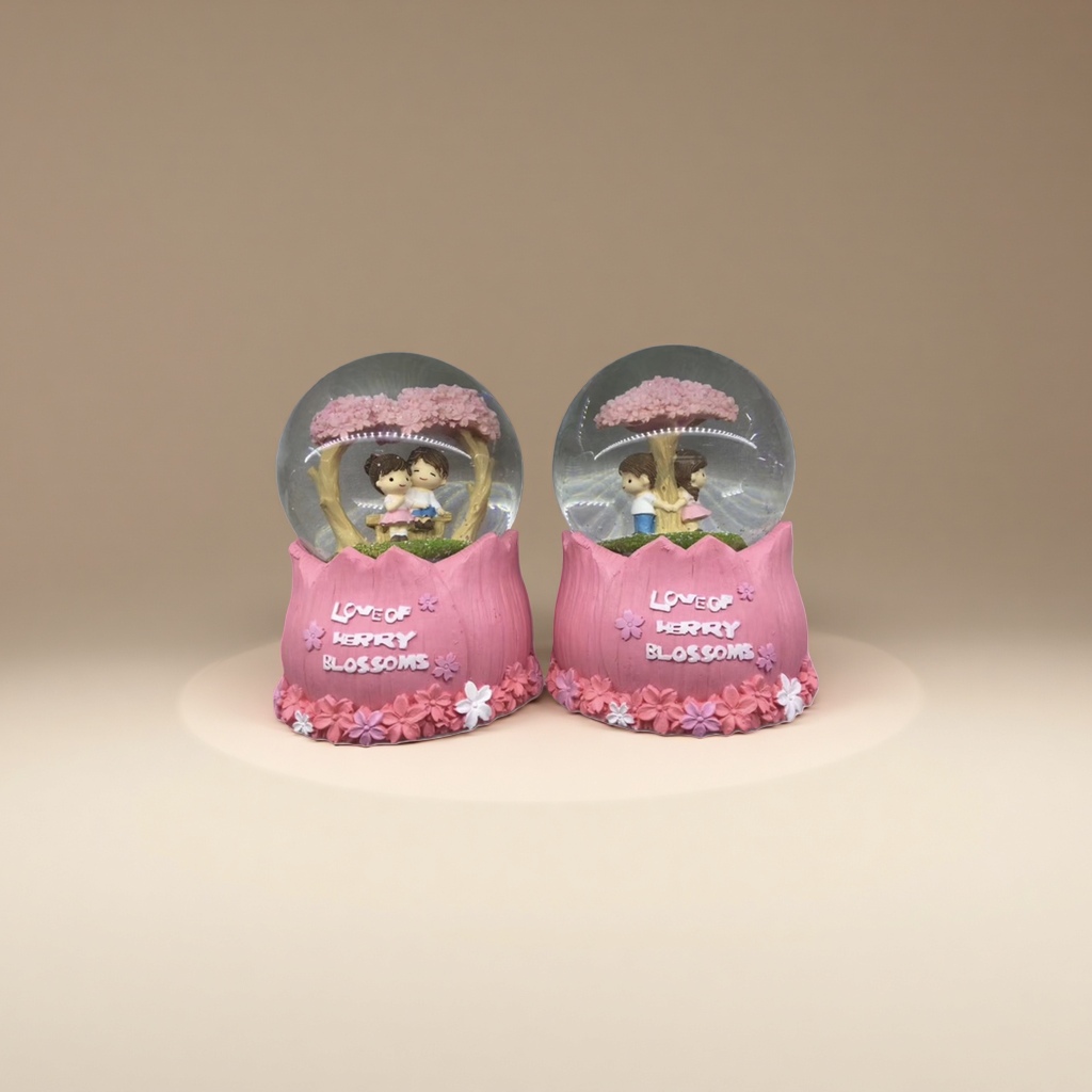 粉色樱花主题情侣雪景球 两个粉色底座带LOVE OF CHERRY BLOSSOMS字样