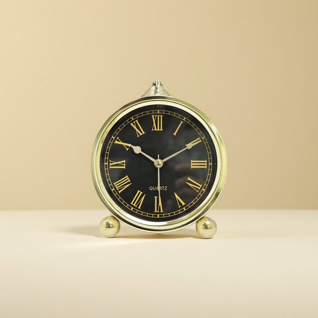 Retro golden frame, black dial alarm clock, mechanical pendulum clock, bedroom and living room decoration Specification image