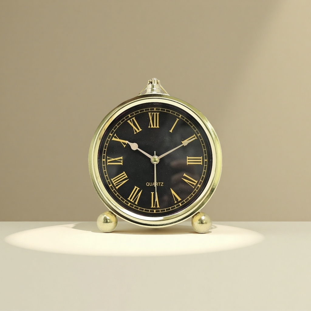 Retro golden frame, black dial alarm clock, mechanical pendulum clock, bedroom and living room decoration Application Scenario
