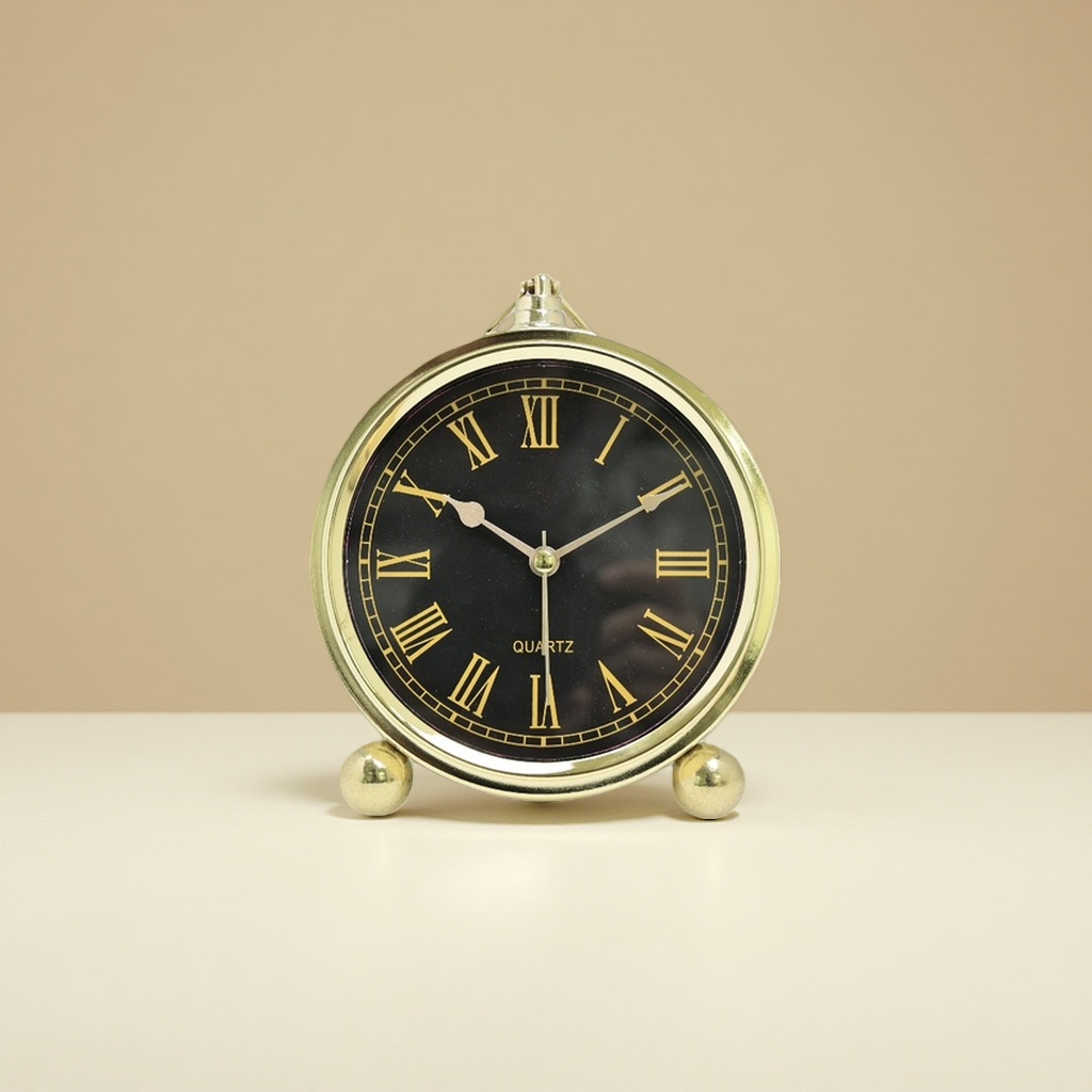 Retro golden frame, black dial alarm clock, mechanical pendulum clock, bedroom and living room decoration