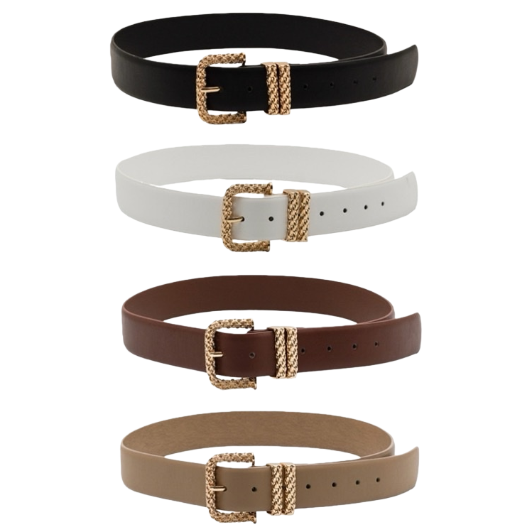 A fashionable and simple four-color belt set with black, white, brown, beige and golden woven buckles Item Picture