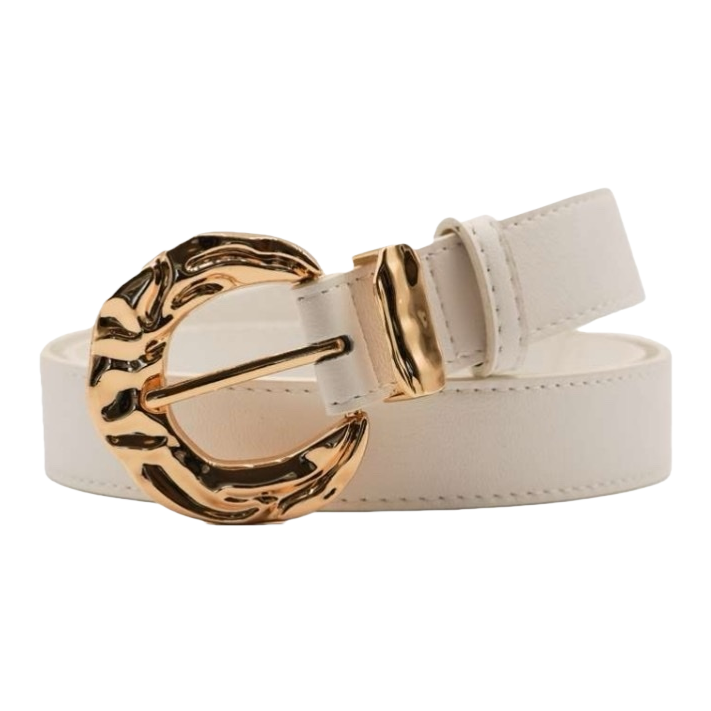 A simple and versatile men's belt with a white belt and golden metal buckle Item Picture
