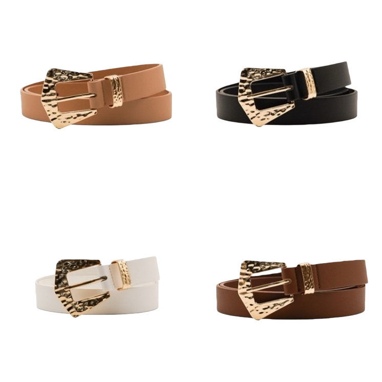 The fashionable belt is available in four colors: brown, black, white and dark brown, with a golden hammer-patterned metal buckle Item Picture