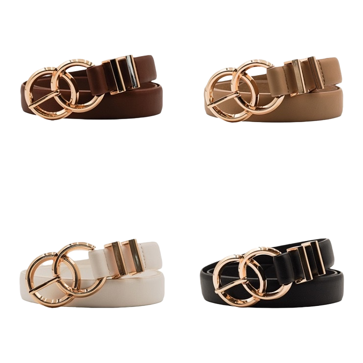 The fashionable belt is available in four colors: brown, light brown, beige, black and gold, with a double loop buckle Item Picture