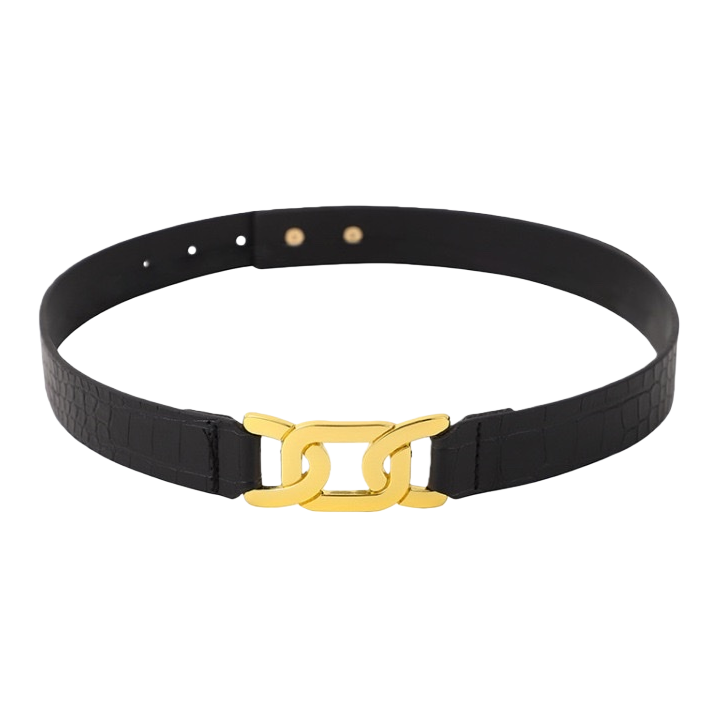 A black crocodile-patterned leather belt with a golden chain buckle is a fashionable and versatile men's belt Item Picture