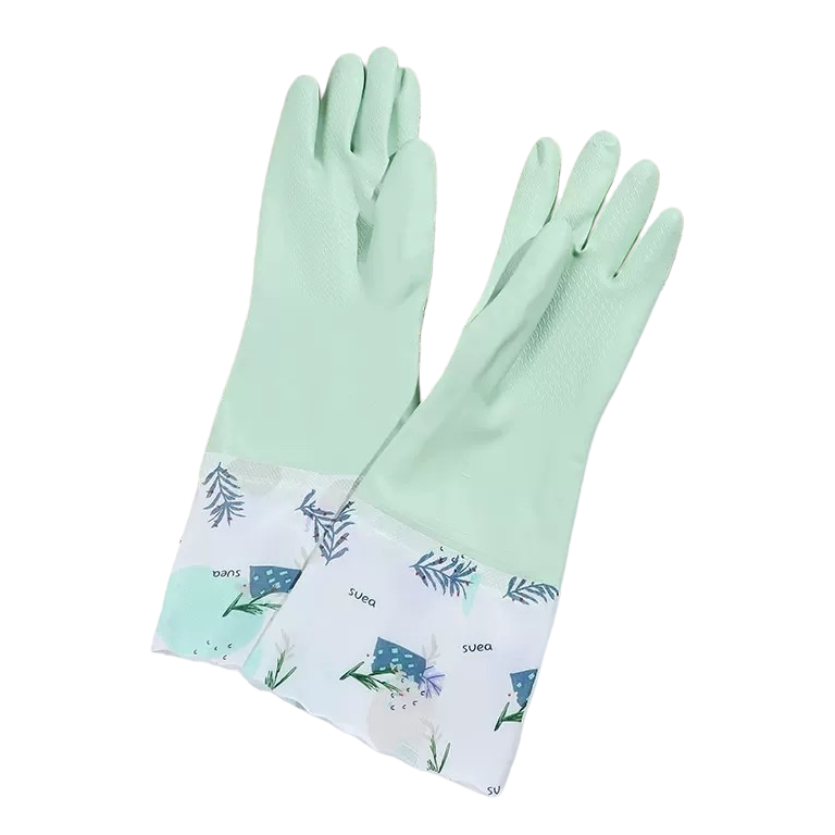 Light green rubber gloves with white plant-patterned fabric wrist cuffs Item Picture