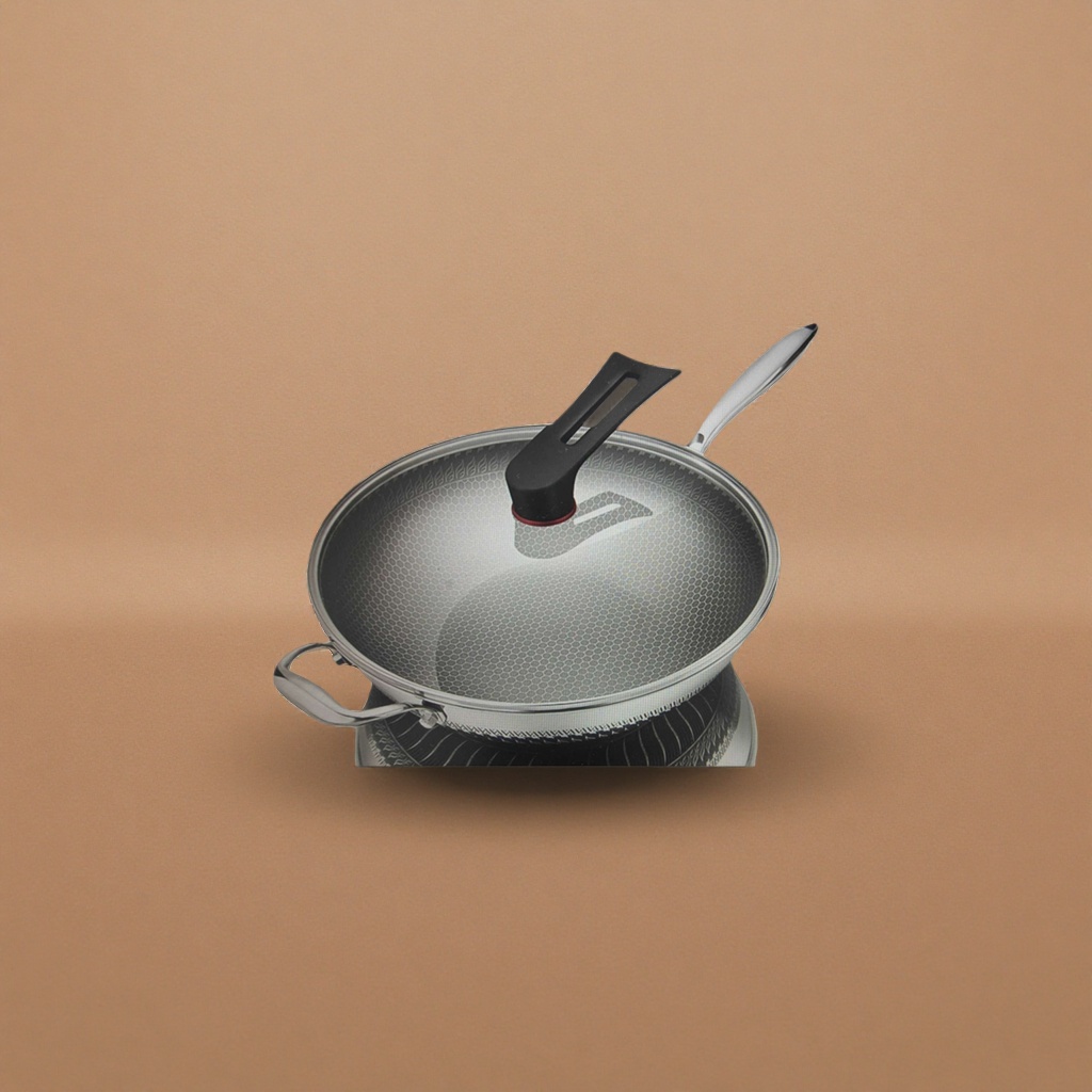 Stainless steel wok with glass lid for household frying, stir-frying, stewing and boiling utensils set Application Scenario