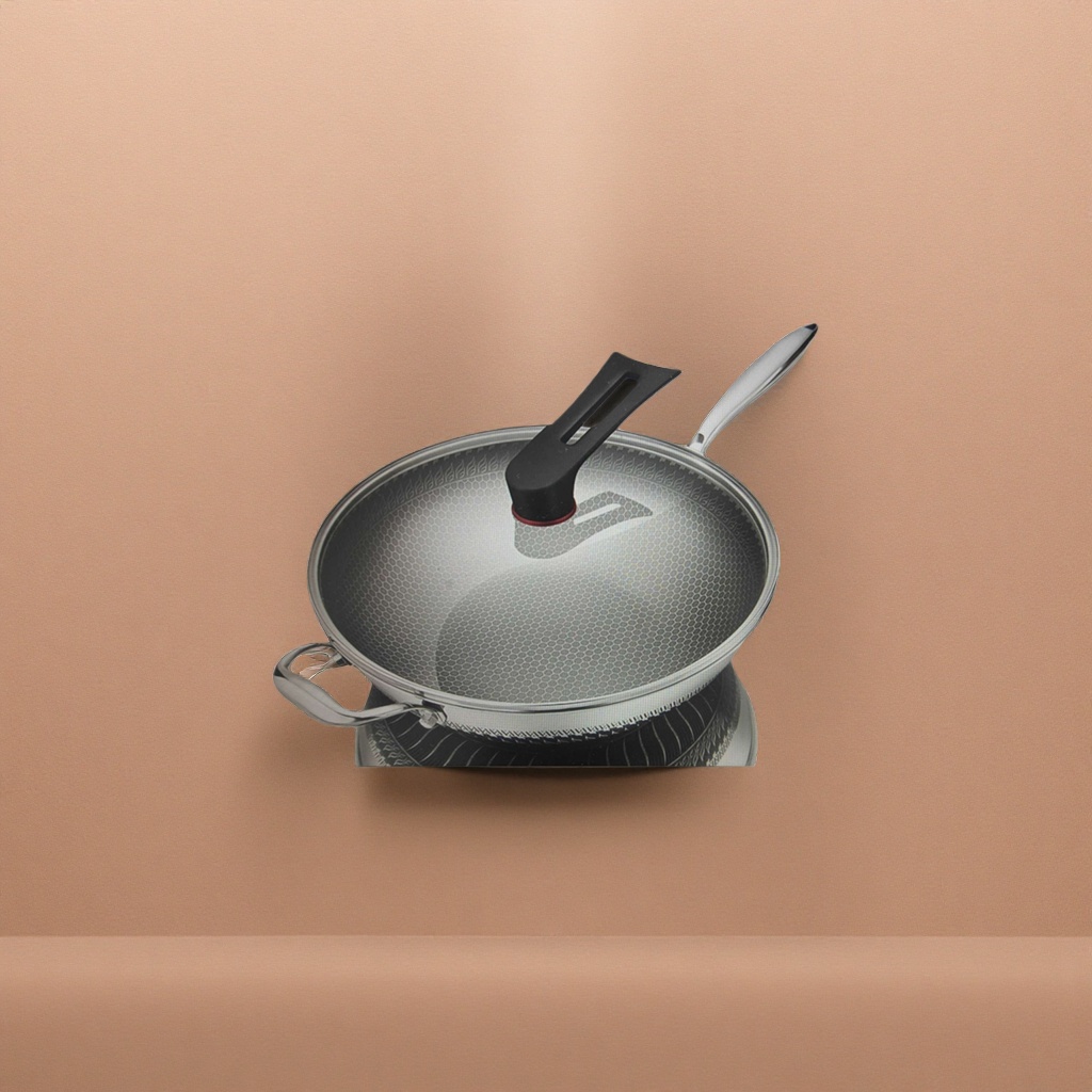 Stainless steel wok with glass lid for household frying, stir-frying, stewing and boiling utensils set