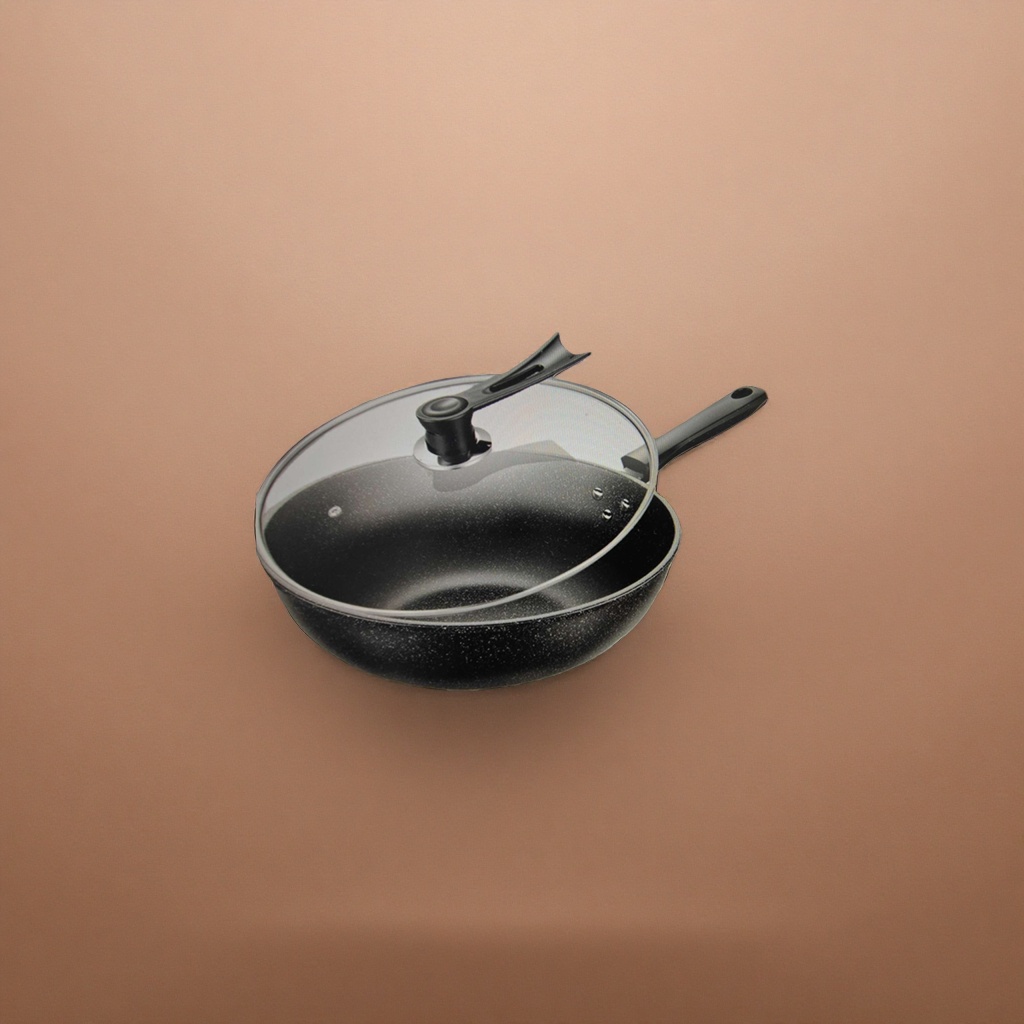 Black non-stick pan with glass lid, household cooking pot with lid for stir-frying and frying Application Scenario