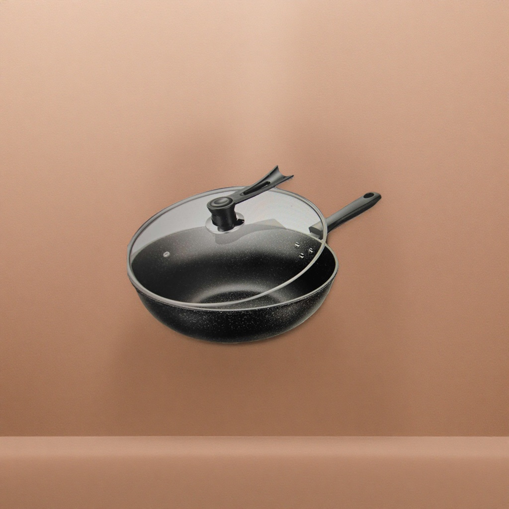 Black non-stick pan with glass lid, household cooking pot with lid for stir-frying and frying