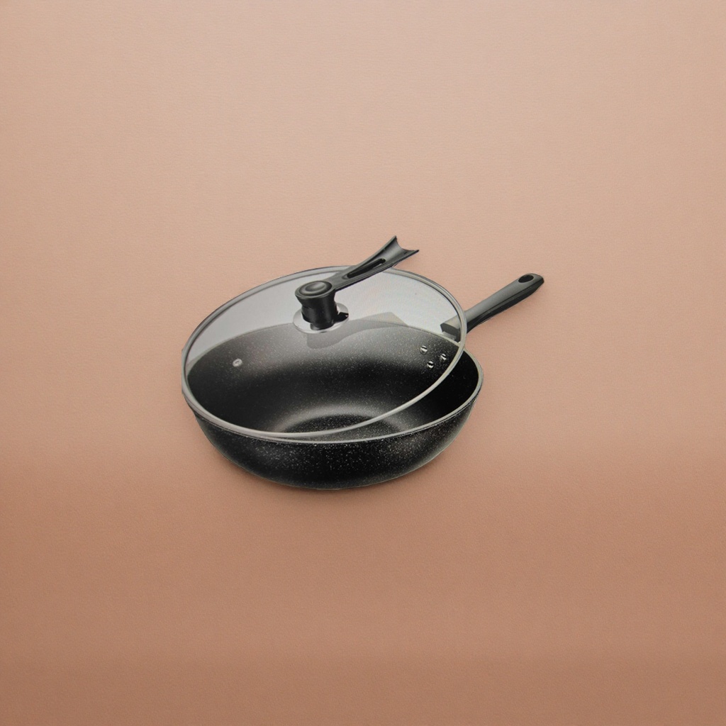 Black non-stick pan with glass lid, household cooking pot with lid for stir-frying and frying details Picture