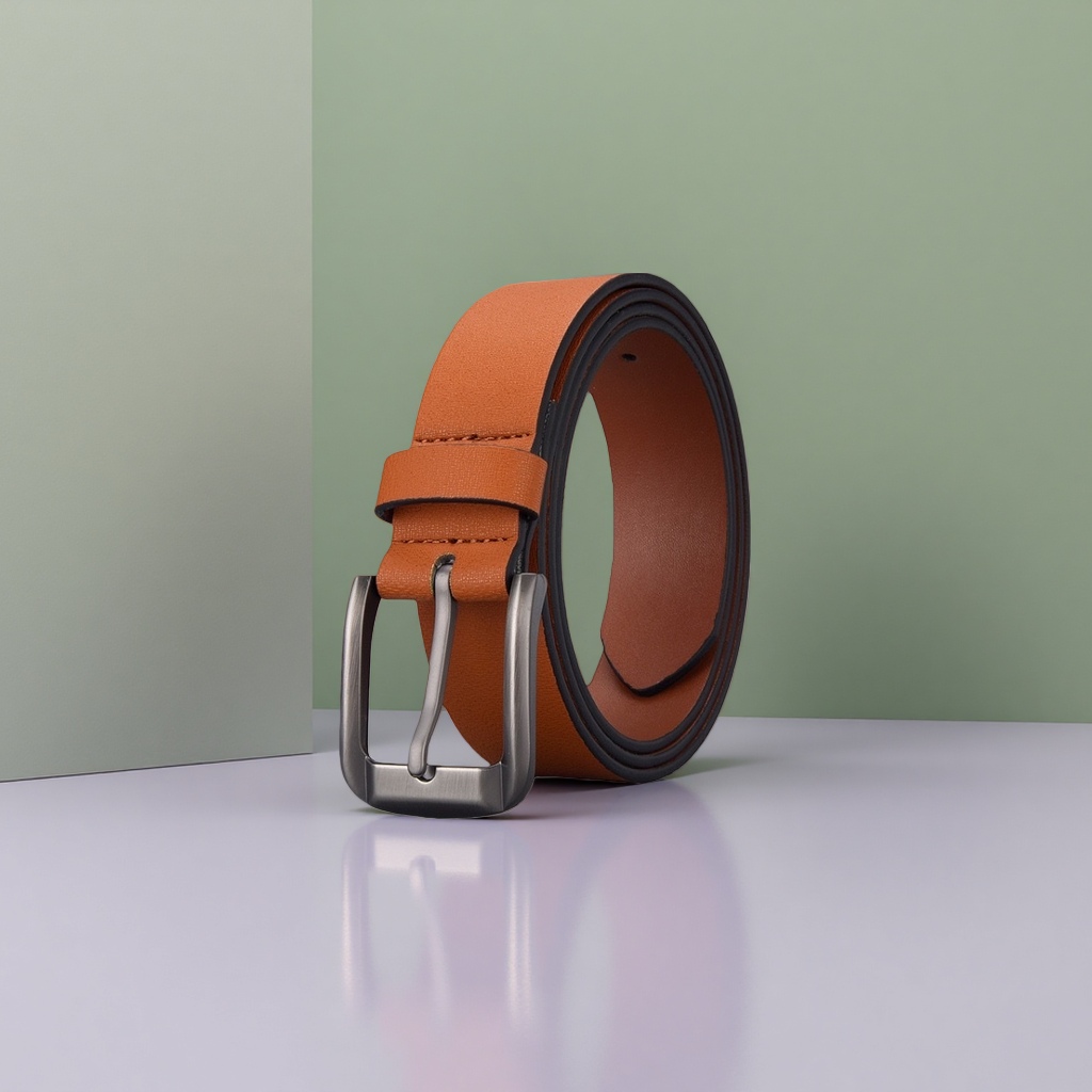 The orange genuine leather men's belt is fashionable and versatile with an automatic buckle details Picture