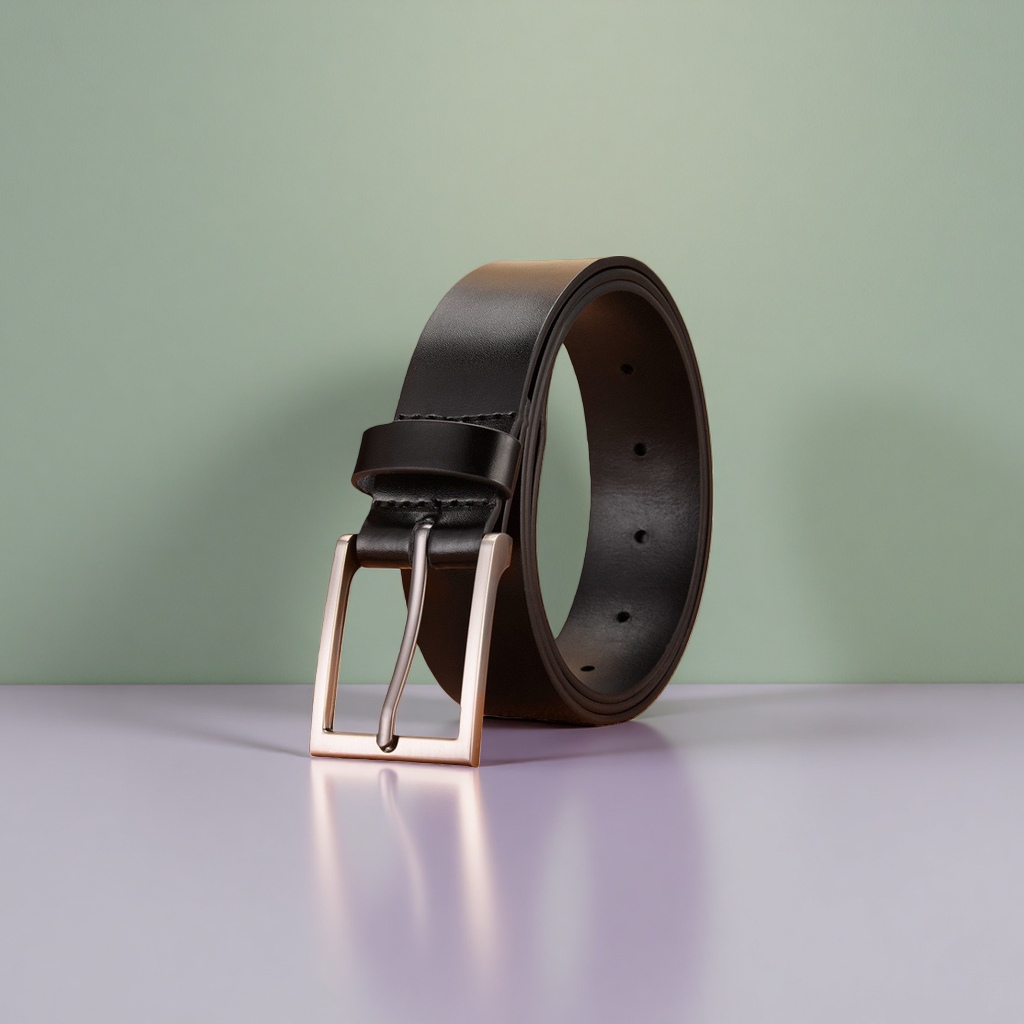 Black genuine leather men's belt, 3.5cm wide, automatic buckle business casual belt details Picture