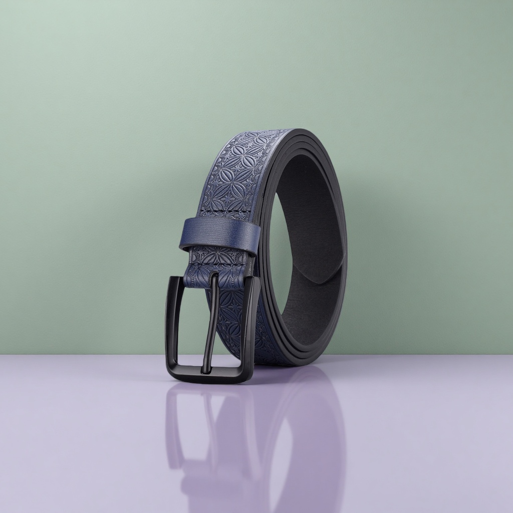 A simple and versatile men's blue patterned genuine leather belt, 3.5cm wide Specification image