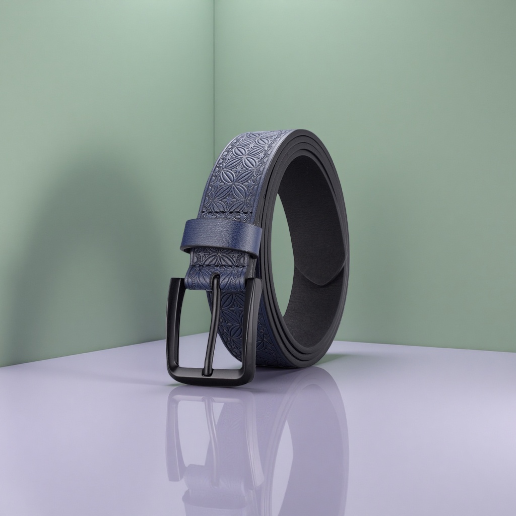 A simple and versatile men's blue patterned genuine leather belt, 3.5cm wide details Picture