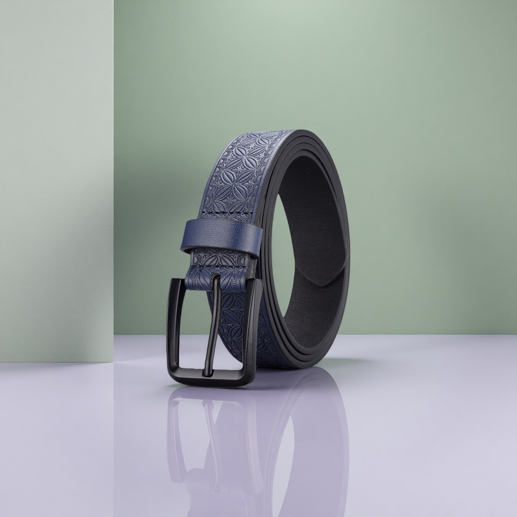 A simple and versatile men's blue patterned genuine leather belt, 3.5cm wide