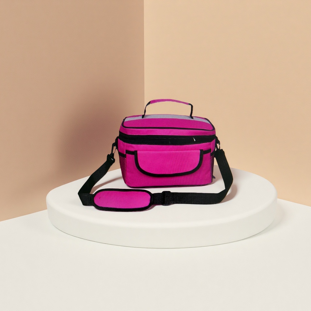 The pink insulated bag is a portable heat-insulating and heat-preserving bag with foldable storage capacity
