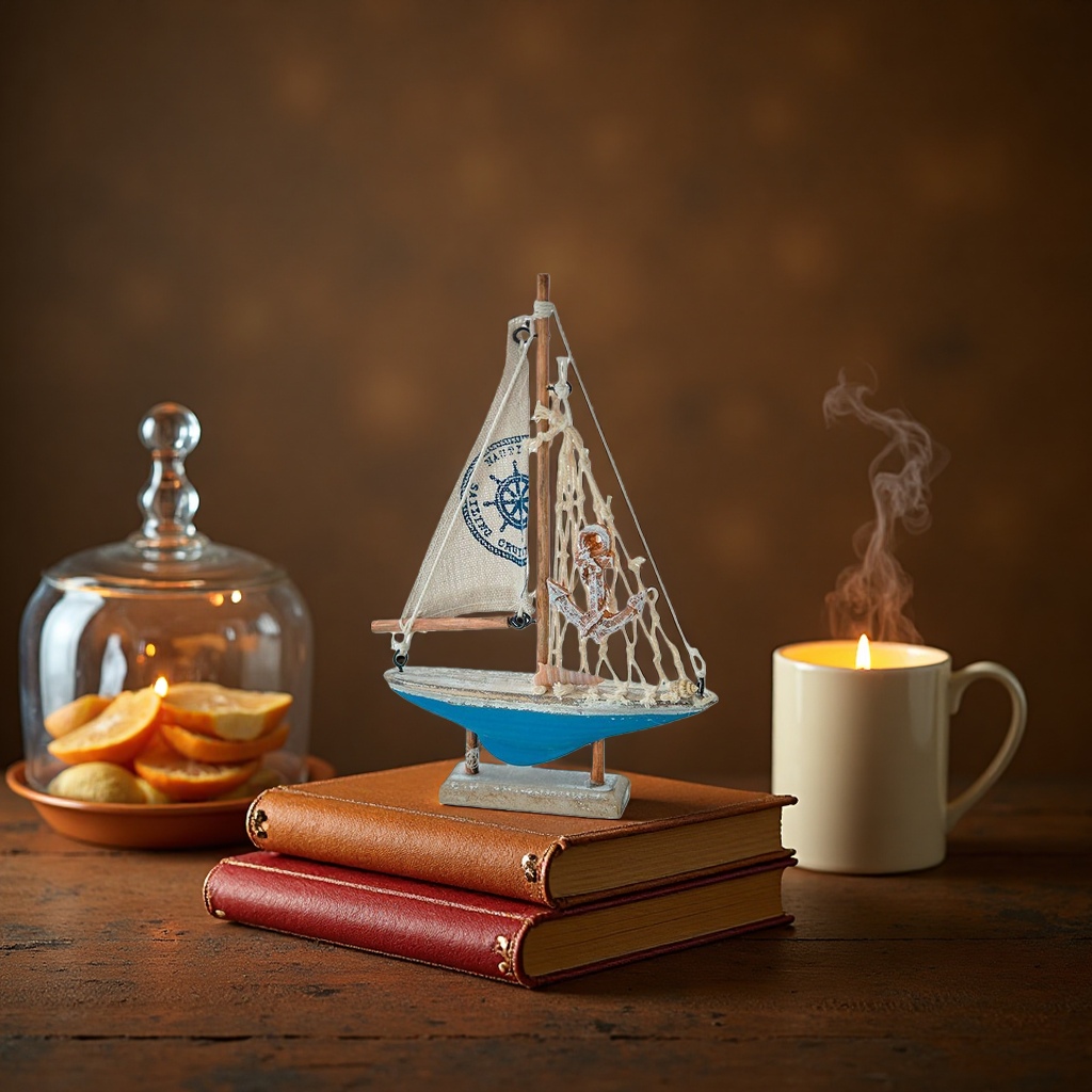 Sailboat model decorative items, living room and study table ornaments, wooden and metal craft collection details Picture