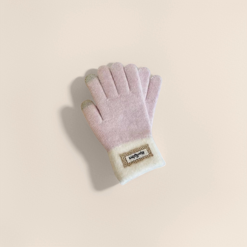 Pink woolen gloves for women, warm in autumn and winter, knitted, anti-slip, touch screen, thickened plush