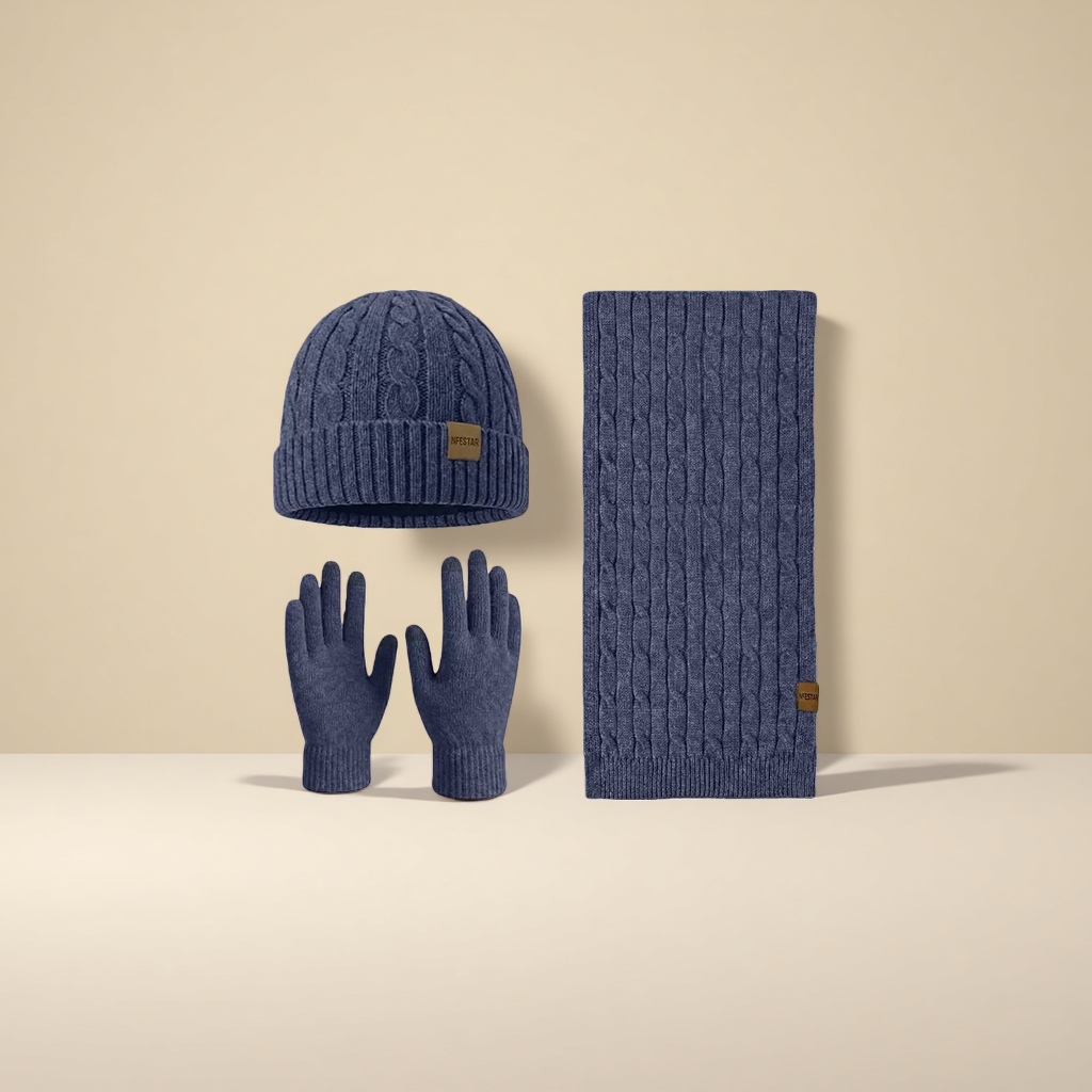 A three-piece set of dark blue knitted hat, scarf and gloves for warm autumn and winter accessories details Picture