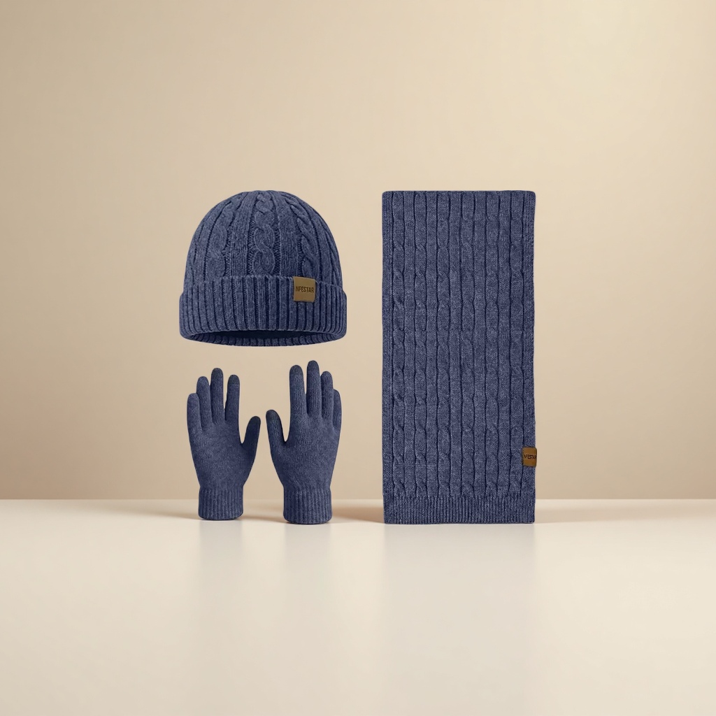 A three-piece set of dark blue knitted hat, scarf and gloves for warm autumn and winter accessories Application Scenario