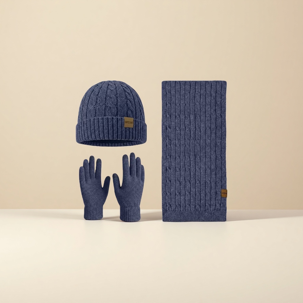 A three-piece set of dark blue knitted hat, scarf and gloves for warm autumn and winter accessories Specification image