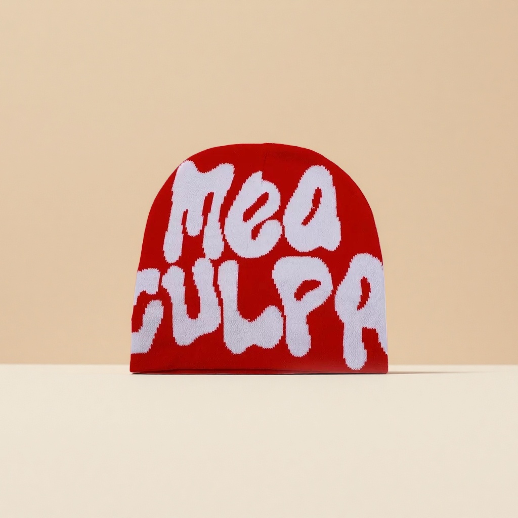 Gorra de punto rojo MEA CULPA blanco patrón de letras gorra de punto unisex