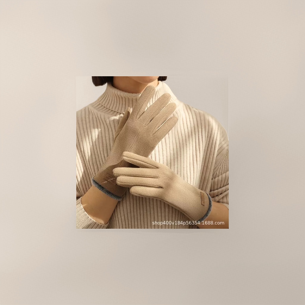 Beige wool knitted warm gloves for women to keep their hands warm in autumn and winter Specification image