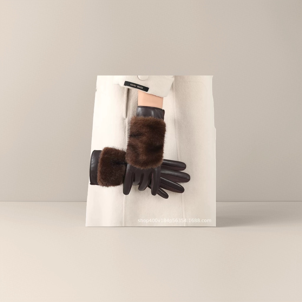 Fur and leather integrated warm gloves for women, thickened cold-proof sheepskin plush back for autumn and winter Specification image