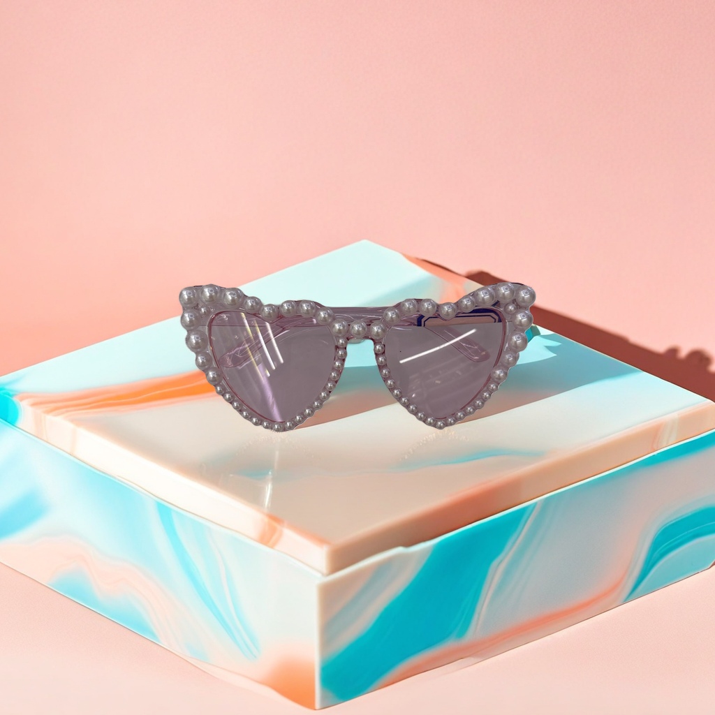 Pink pearl-decorated heart-shaped sunglasses for fashionable women details Picture