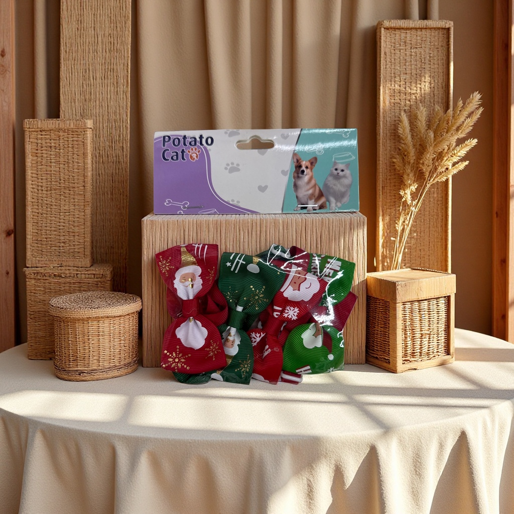 The Christmas-themed pet bow hair accessory can be adjusted in tightness to fit cats and dogs details Picture