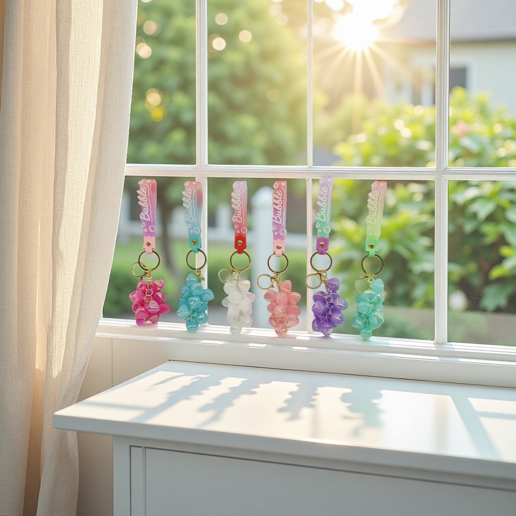 Six colorful grape-shaped keychains with gradient Bubble pendants and beaded grape pendants Application Scenario